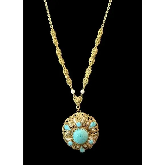 Vtg W Germany Gold-Tone Necklace Faux Turquoise & Pearl Filigree Pendant SIGNED - Picture 1 of 9
